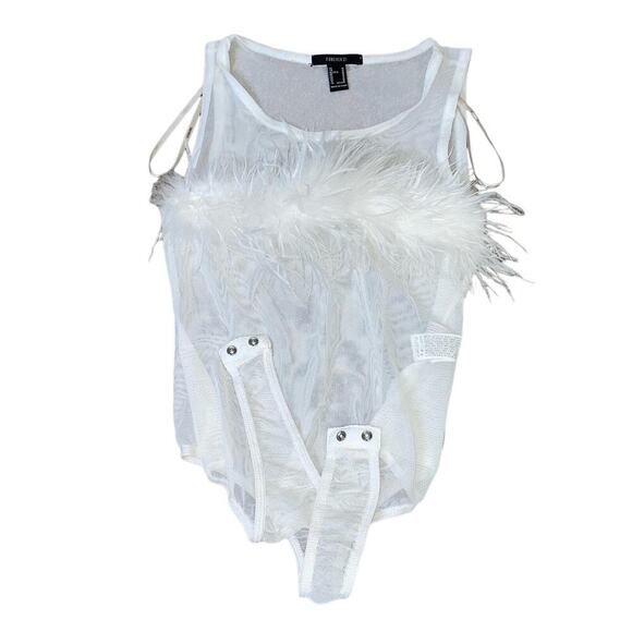 Forever 21 body suit white mesh boa feather top one piece semi sheer SZ M snap - Picture 8 of 8